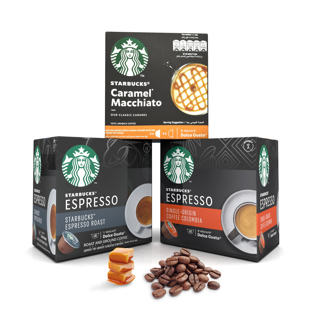 Starbucks Nescafe Dolce Gusto Caramel Macchiato Espresso Roast Espresso Colombia 3 Boxes 36 Drinks